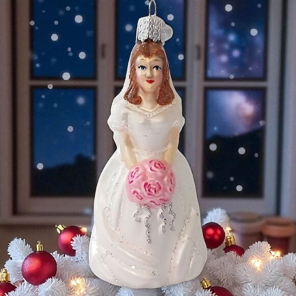 Old World Christmas Bride Ornament Brunette White Dress Roses Vintage Glass OWC - Picture 9 of 15